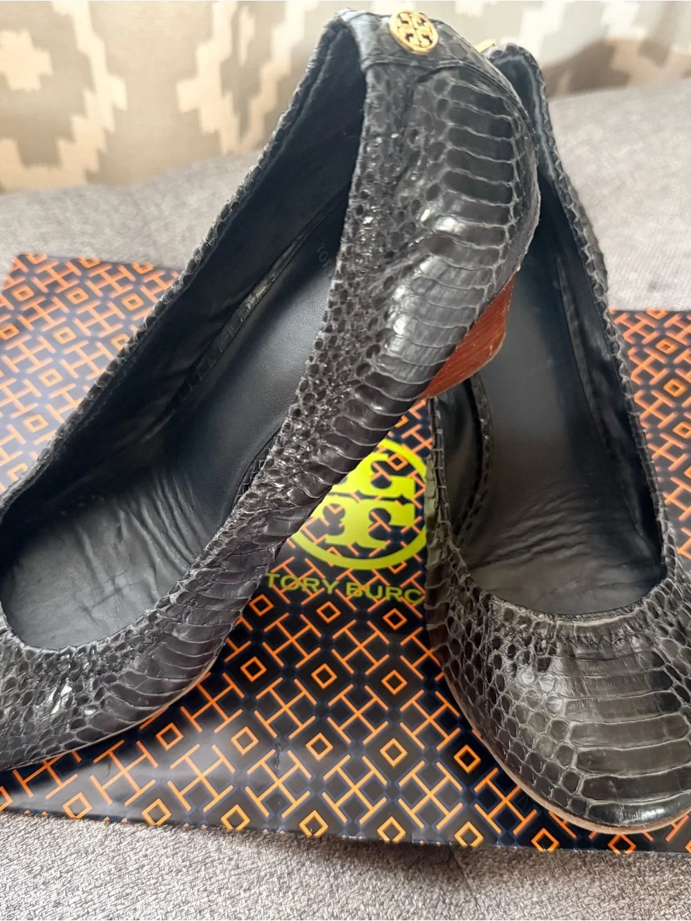 Tory Burch Black Snake-Embossed Leather Platforms